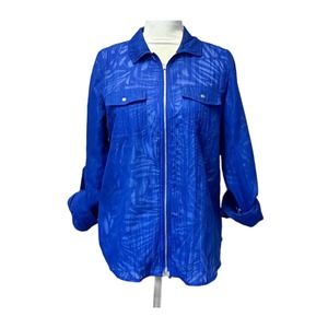 Chico's Womens Size Small (0) Blue Sheer Top Full Zip Roll Tab Sleeve Floral